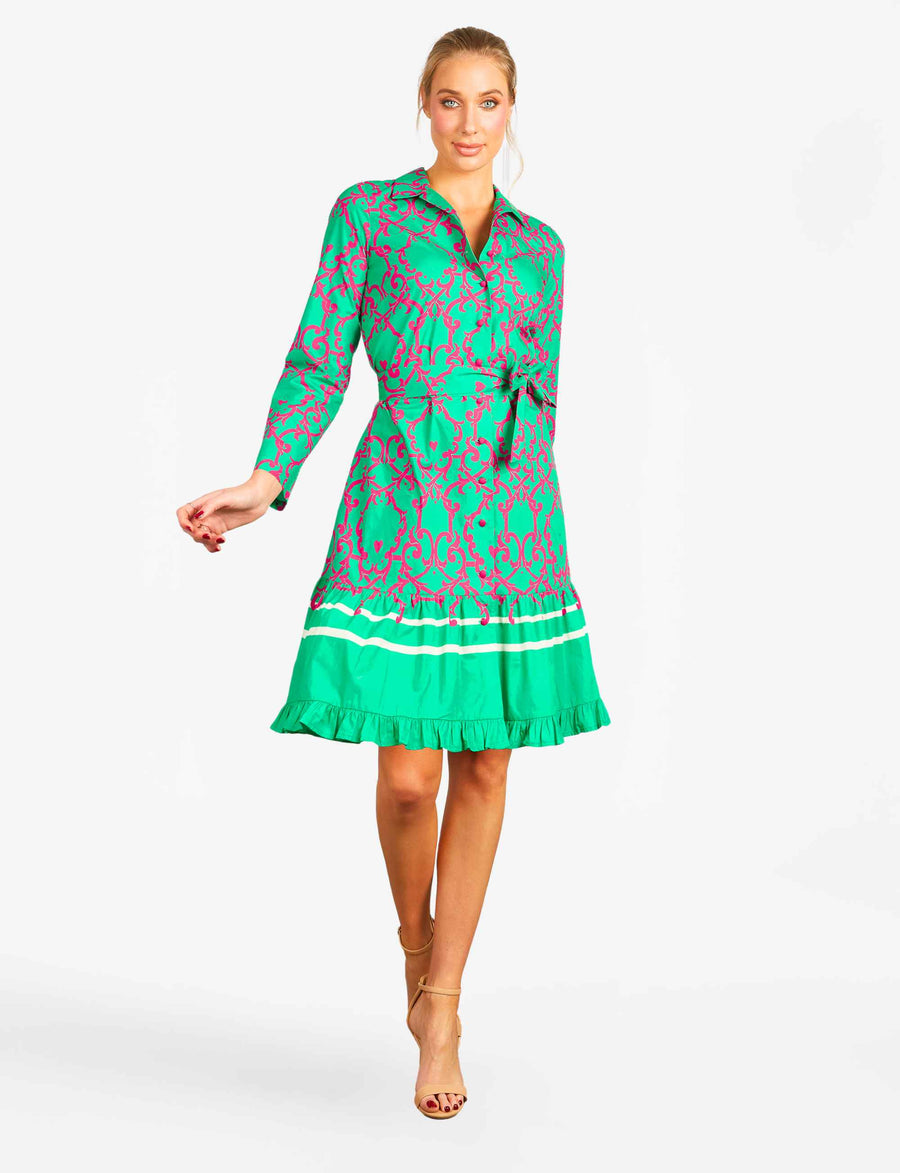 Monica 'Amalfi Affair' Green/Pink Shirtdress with Sash