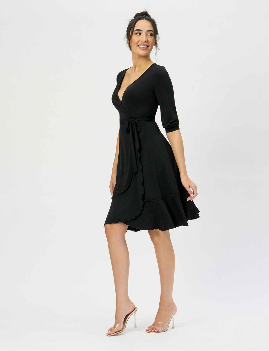 Gwen 'Black' True Wrap Flared Frill Dress NEW ARRIVAL