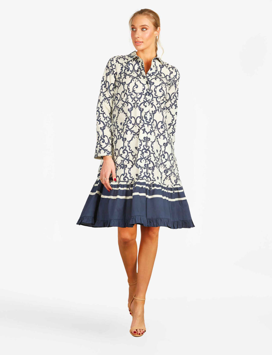 Monica 'Amalfi Affair' Ivory/Navy Shirtdress with Sash