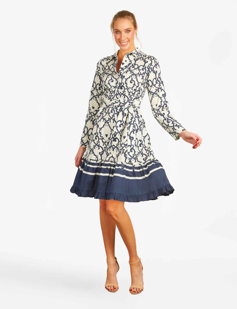 Monica 'Amalfi Affair' Ivory/Navy Shirtdress with Sash