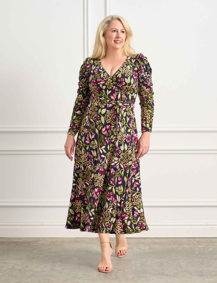 Ingrid 'Blooming Beauty Navy' Ruched Sleeve True Wrap Dress FINAL SALE