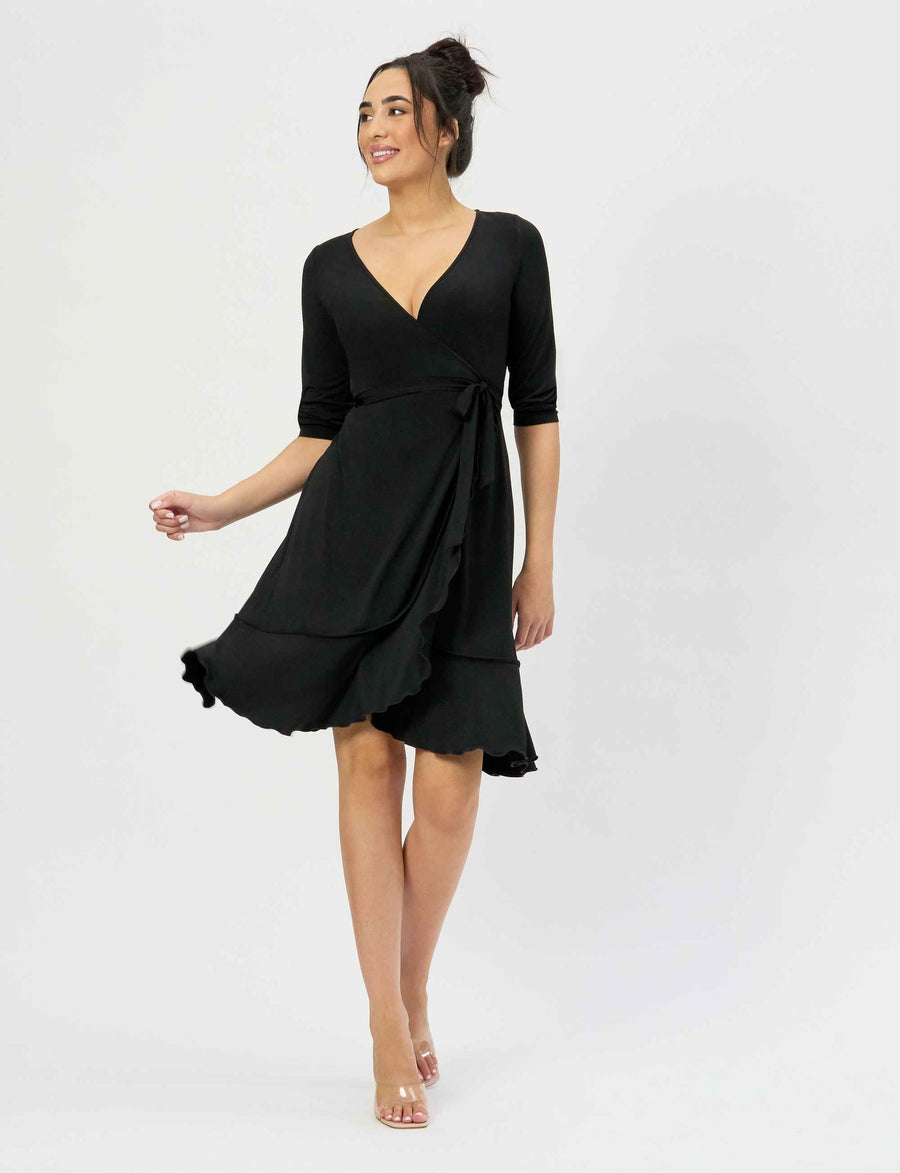 Gwen 'Black' True Wrap Flared Frill Dress NEW ARRIVAL