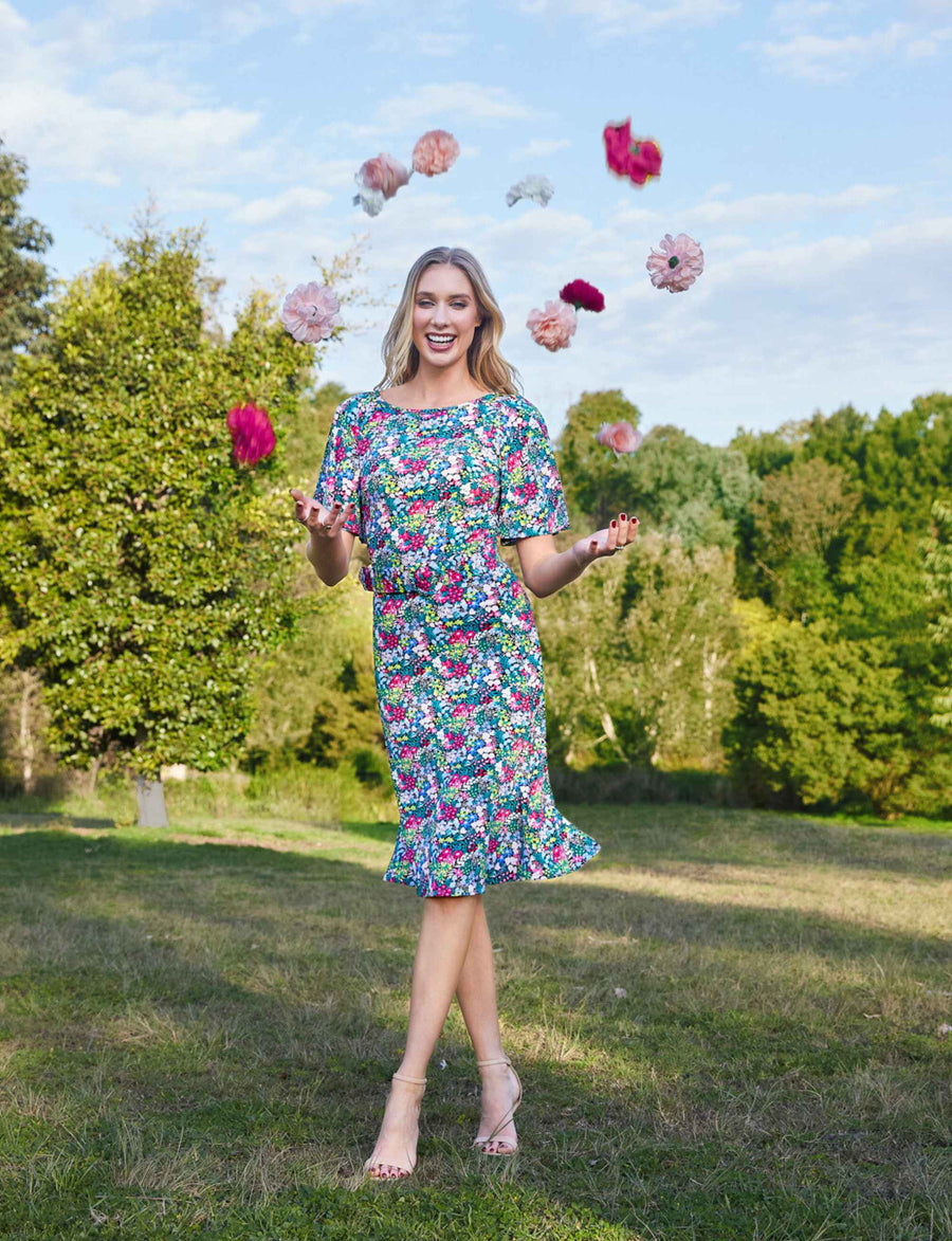 Uma 'Floriade' Fit and Flare Dress with Butterfly Sleeves