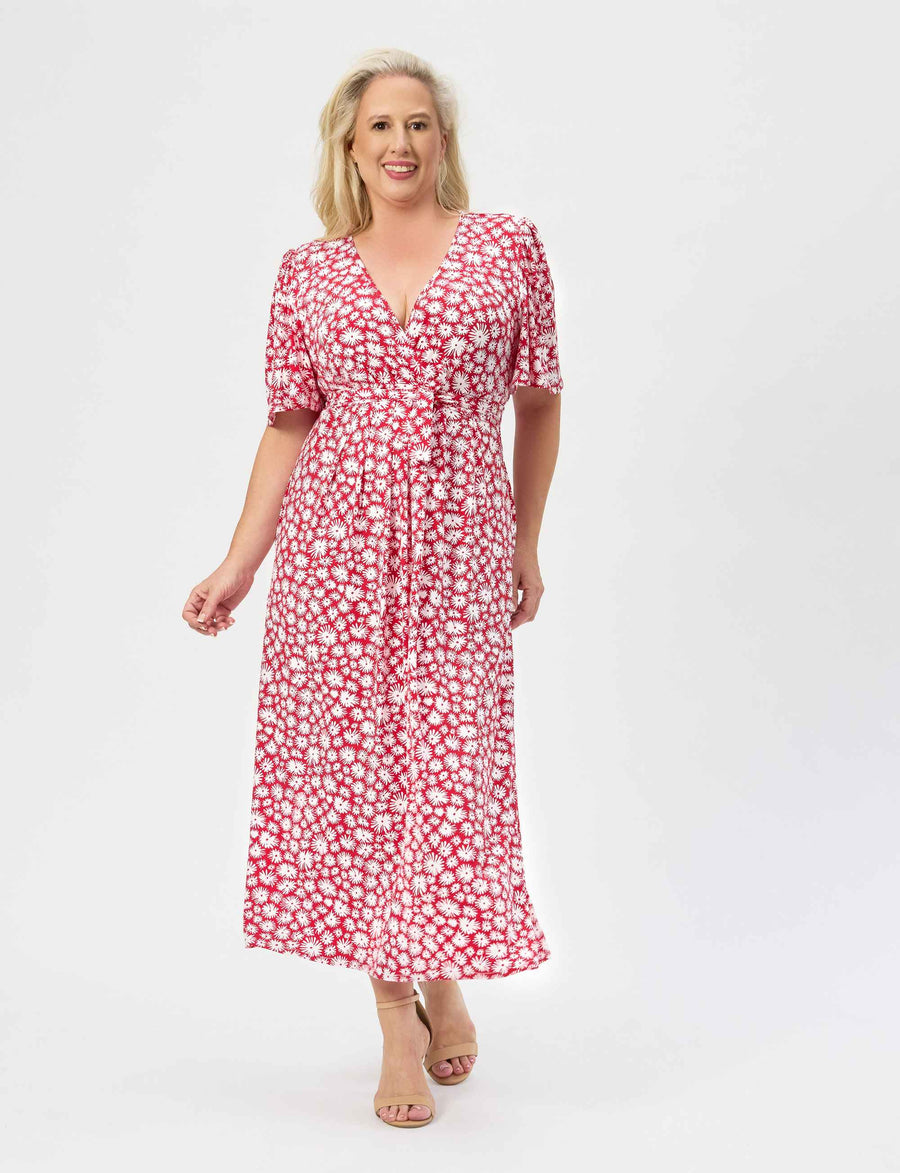 Sally 'Daisy Days Red' Empire Line Midi Dress