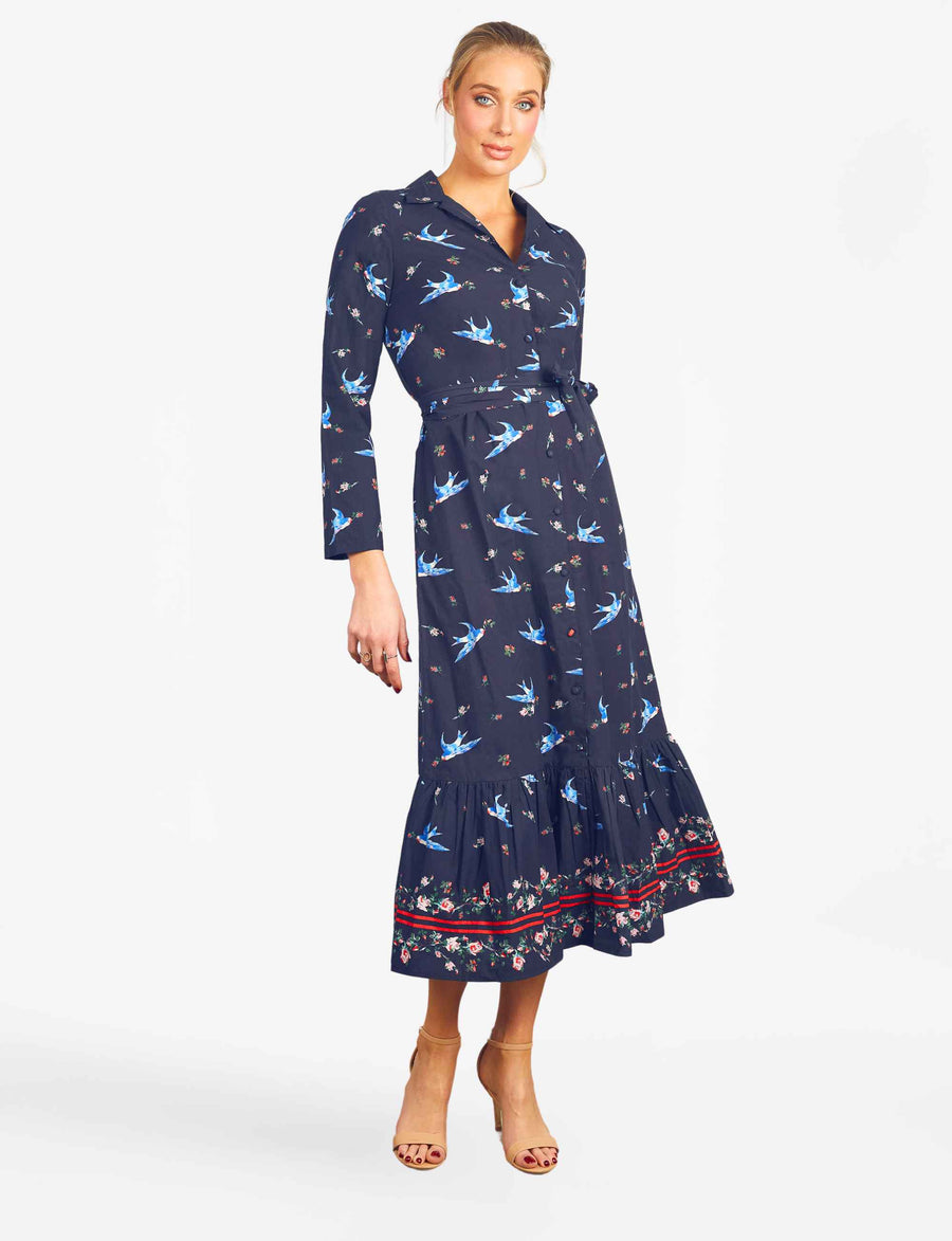 Marybelle 'Blue Bird' Midi Shirtdress with Tie