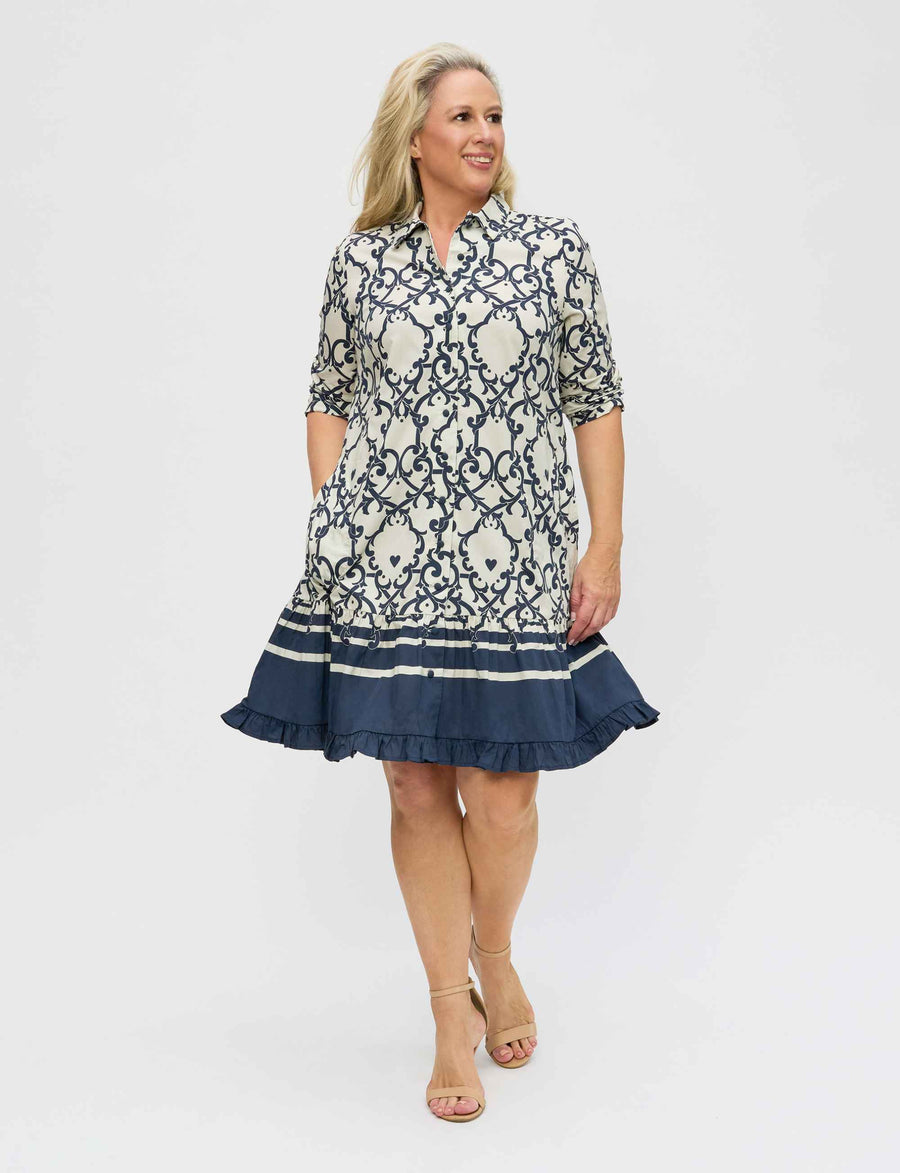 Monica 'Amalfi Affair' Ivory/Navy Shirtdress with Sash