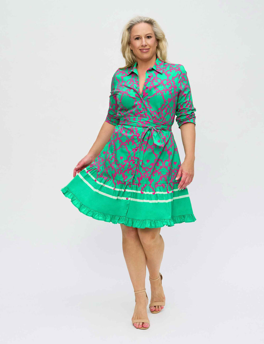 Monica 'Amalfi Affair' Green/Pink Shirtdress with Sash