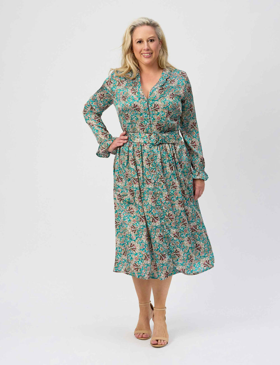 Carlotta Turquoise 'Filigree Fan' Luxe Viscose Satin Shirtdress