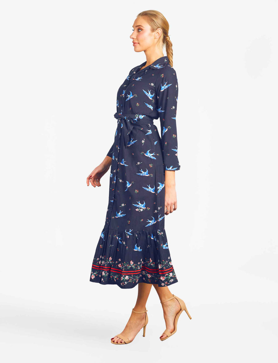 Marybelle 'Blue Bird' Midi Shirtdress with Tie