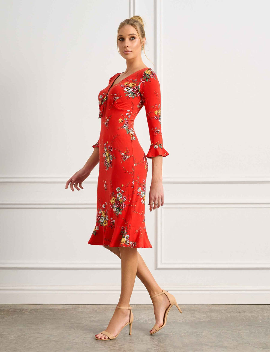 Felicia 'Scarlet Haze' Empire Midi Dress