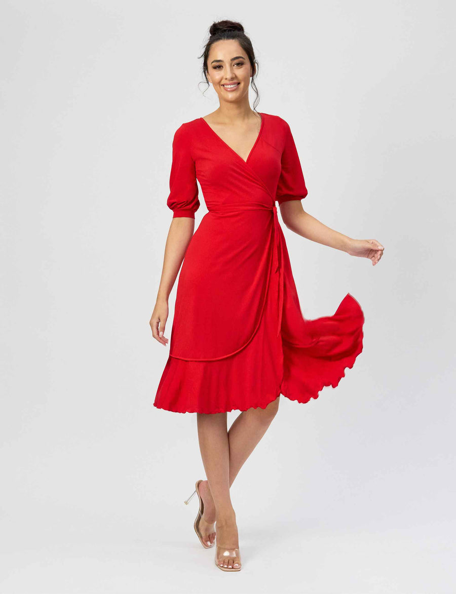 Samantha "Red" True Wrap Flared Frill Dress (New Arrival)