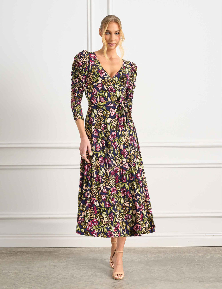 Ingrid 'Blooming Beauty Navy' Ruched Sleeve True Wrap Dress