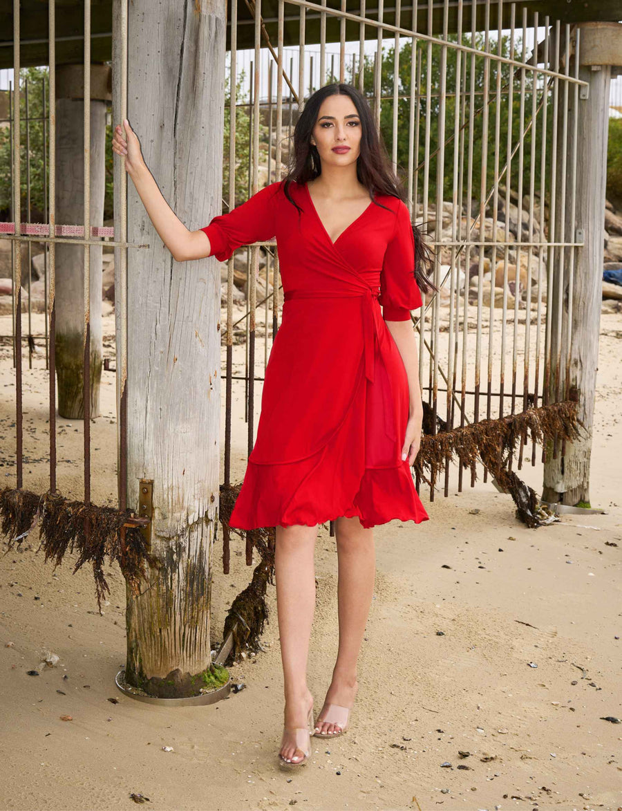 Samantha "Red" True Wrap Flared Frill Dress (New Arrival)