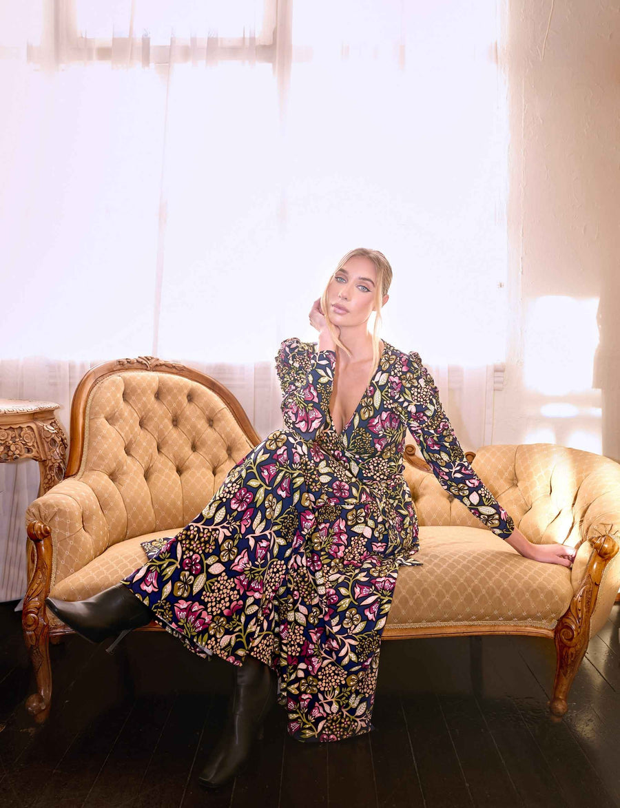 Ingrid 'Blooming Beauty Navy' Ruched Sleeve True Wrap Dress