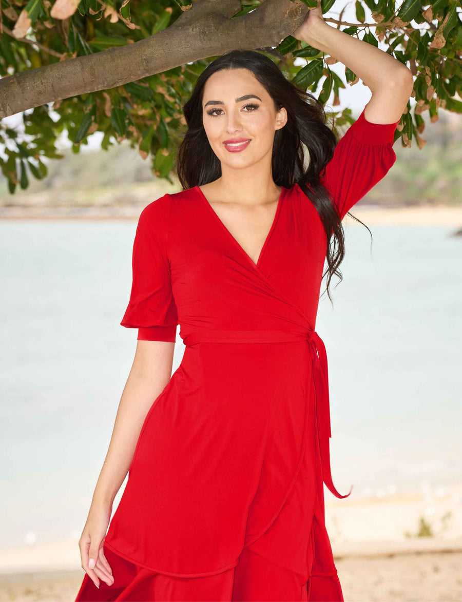 Samantha "Red" True Wrap Flared Frill Dress (New Arrival)