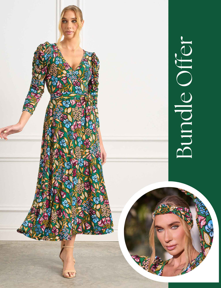 Ingrid 'Blooming Beauty' Green Frock Plus Matching Hair Turban Bundle