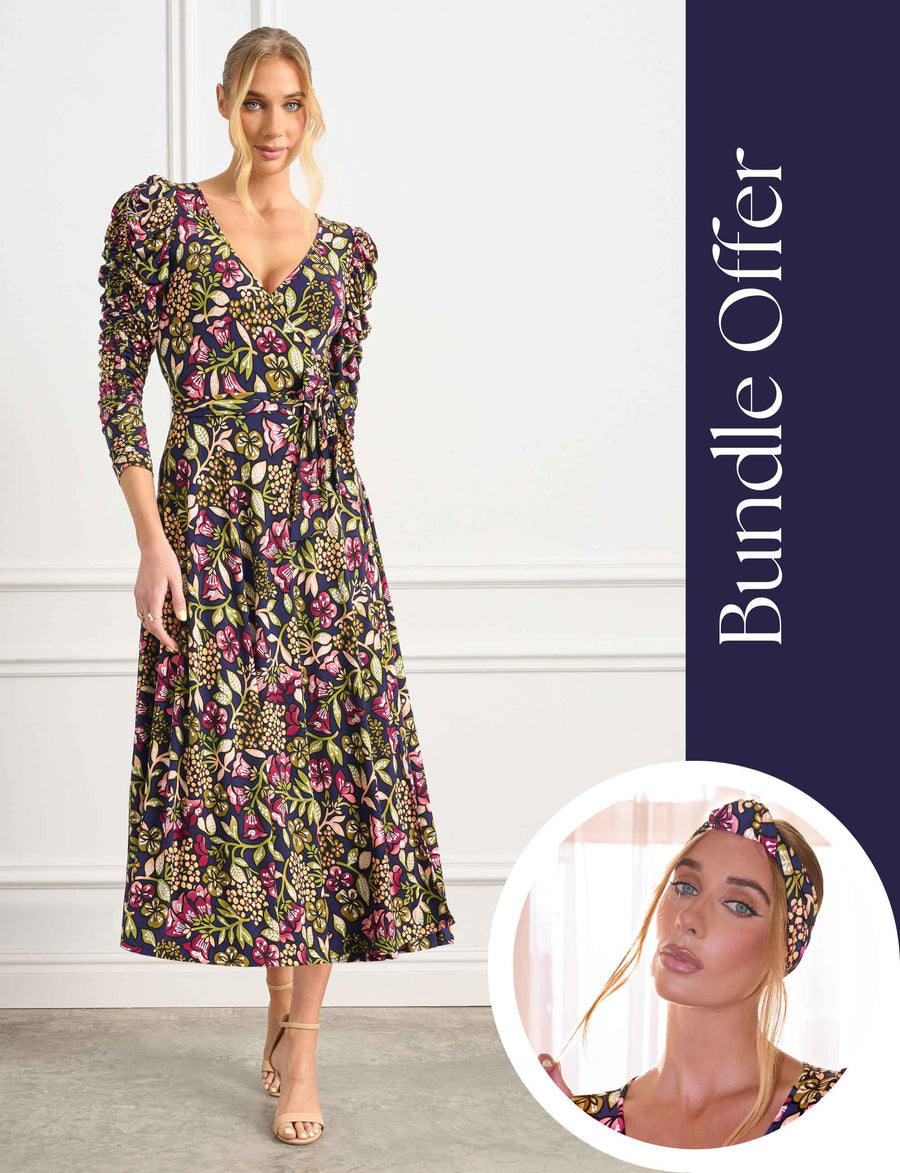 Ingrid 'Blooming Beauty' Navy Frock Plus Matching Hair Turban Bundle