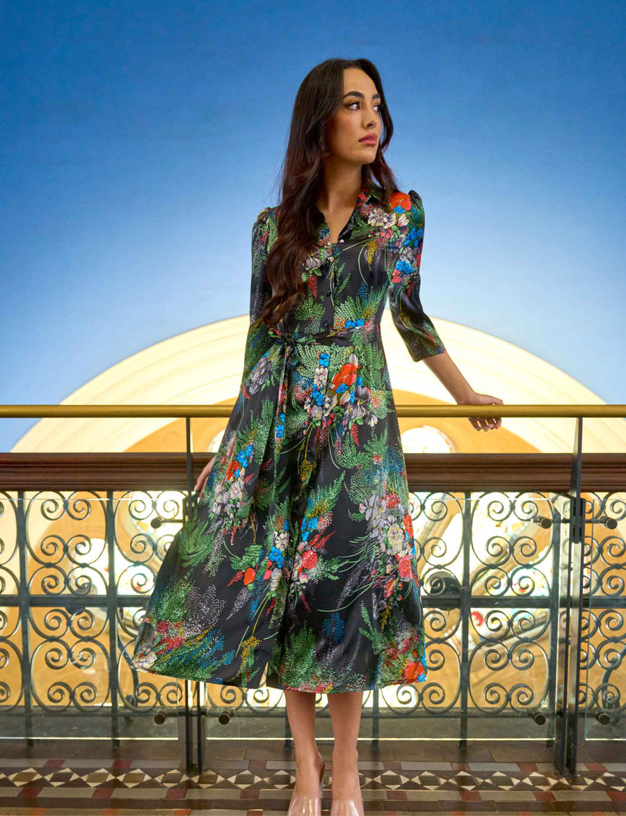 Megha 'Green Fountains' Limited Edition 100% Silk Shirtdress