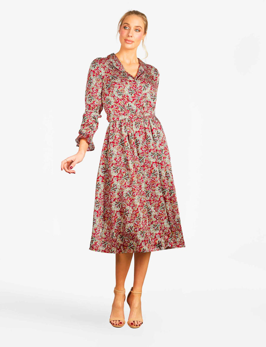 Carlotta Red 'Filigree Fan' Luxe Viscose Satin Shirtdress