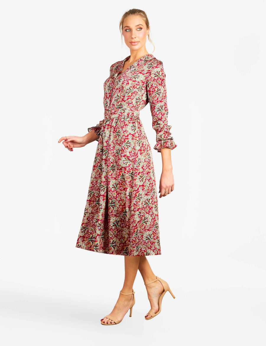 Carlotta Red 'Filigree Fan' Luxe Viscose Satin Shirtdress