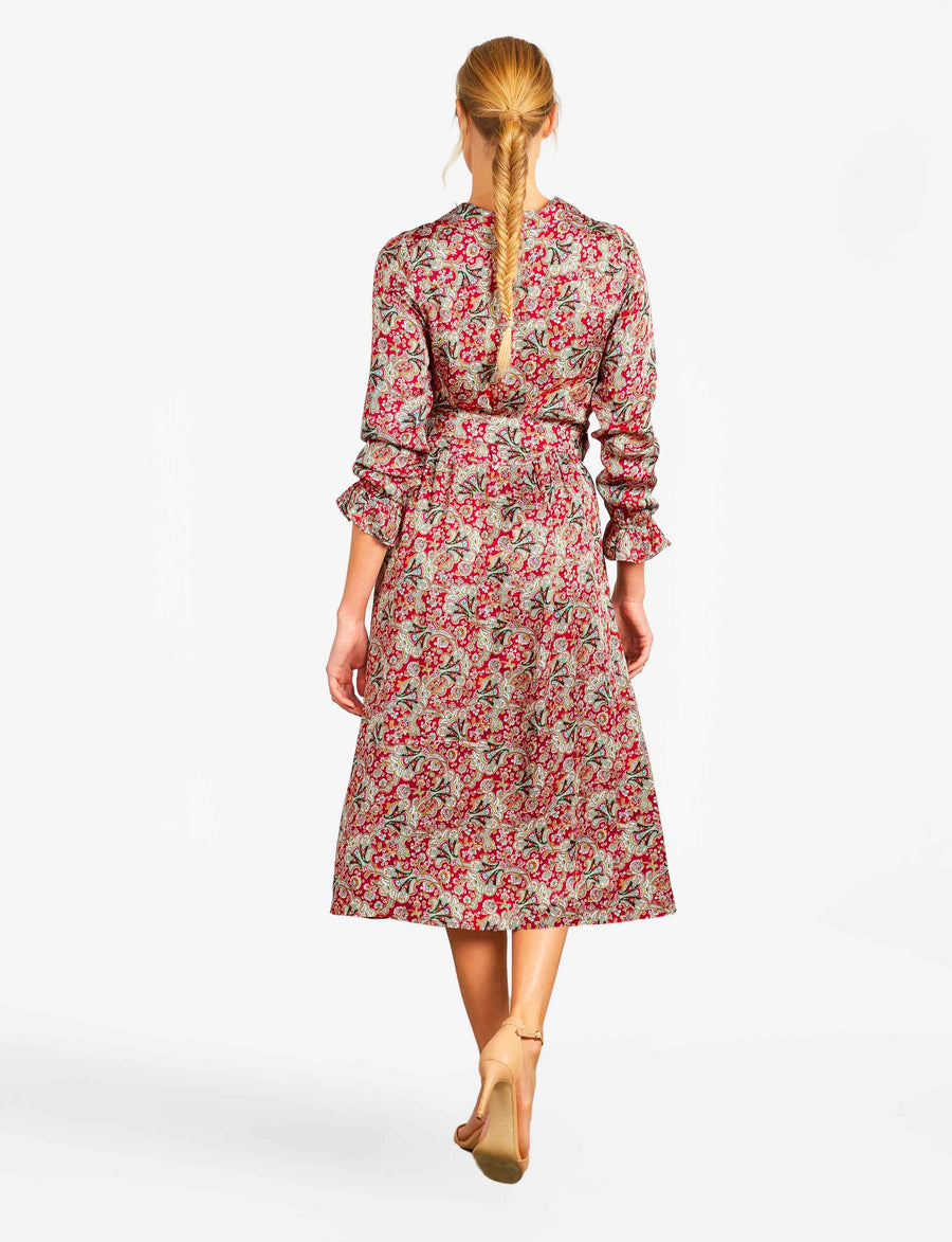 Carlotta Red 'Filigree Fan' Luxe Viscose Satin Shirtdress