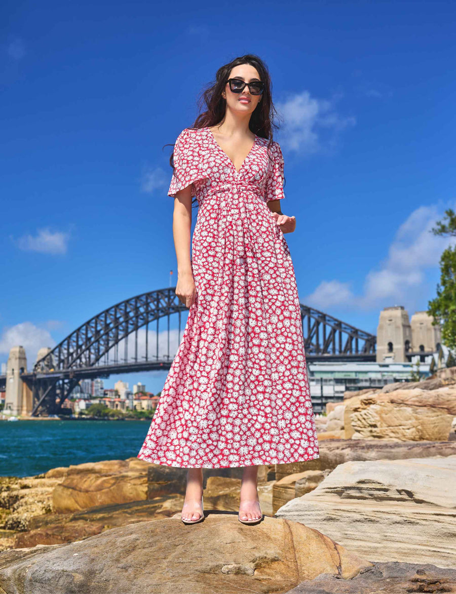 NEW Sally 'Daisy Days Red' Empire Line Midi Dress