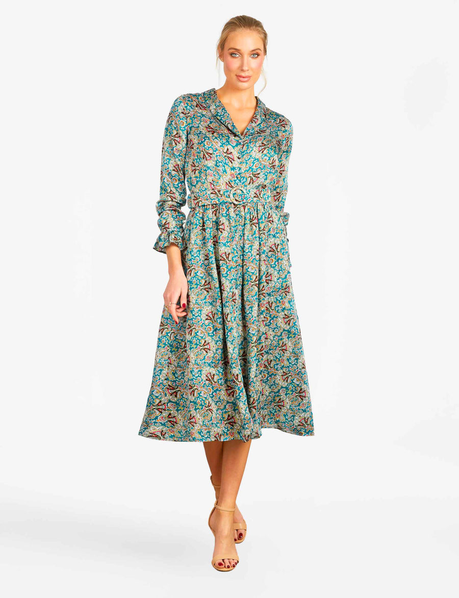 Carlotta Turquoise 'Filigree Fan' Luxe Viscose Satin Shirtdress