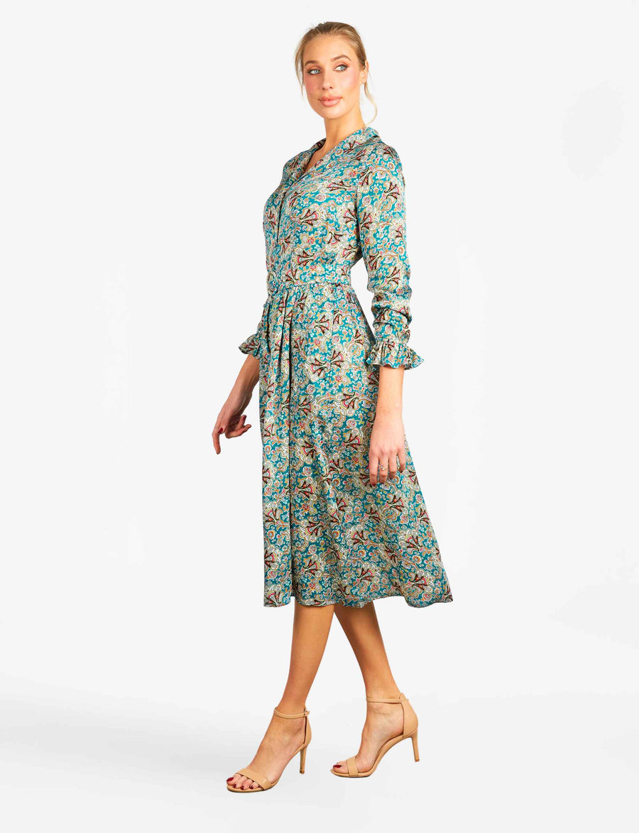 Carlotta Turquoise 'Filigree Fan' Luxe Viscose Satin Shirtdress