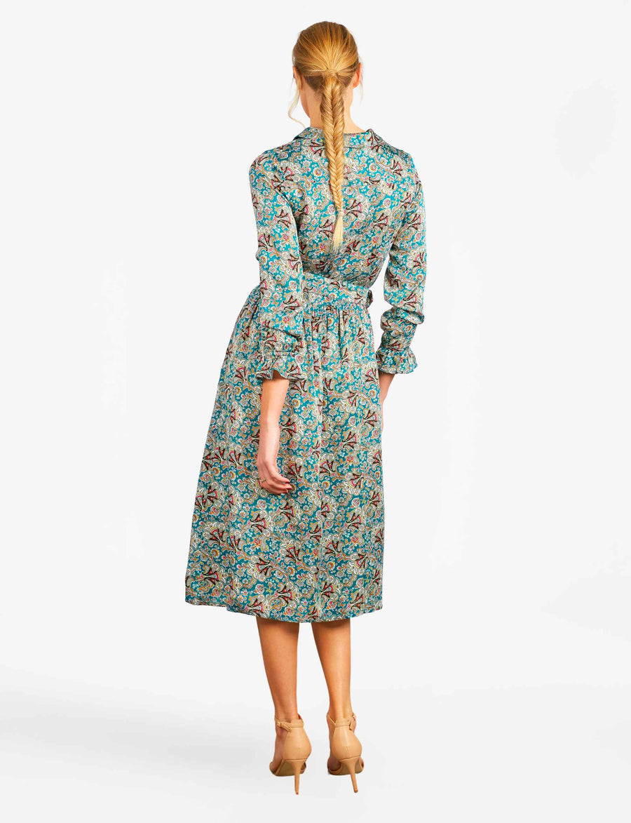 Carlotta Turquoise 'Filigree Fan' Luxe Viscose Satin Shirtdress