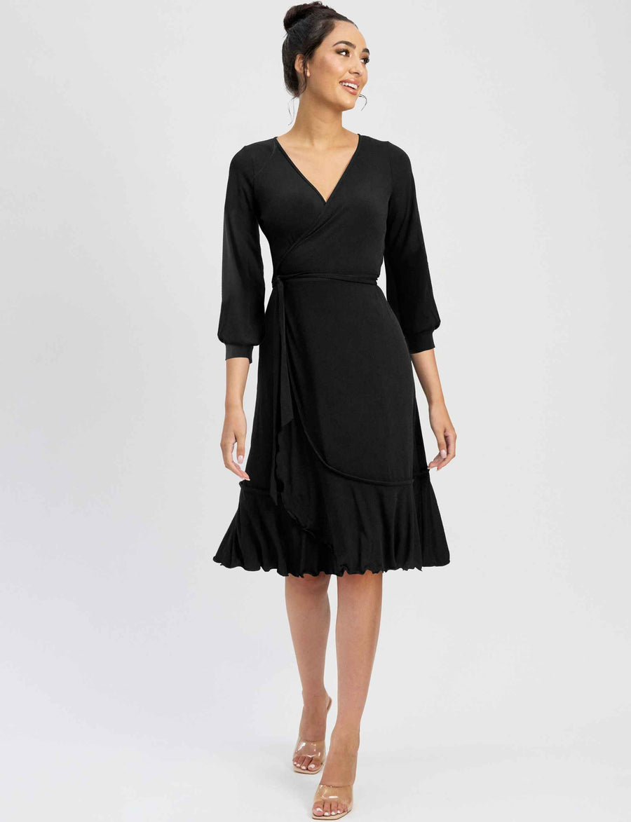 Gwen 'Black' True Wrap Flared Frill Dress NEW ARRIVAL