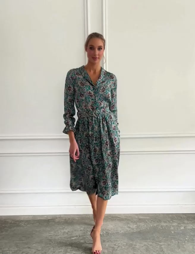 Carlotta Turquoise 'Filigree Fan' Luxe Viscose Satin Shirtdress